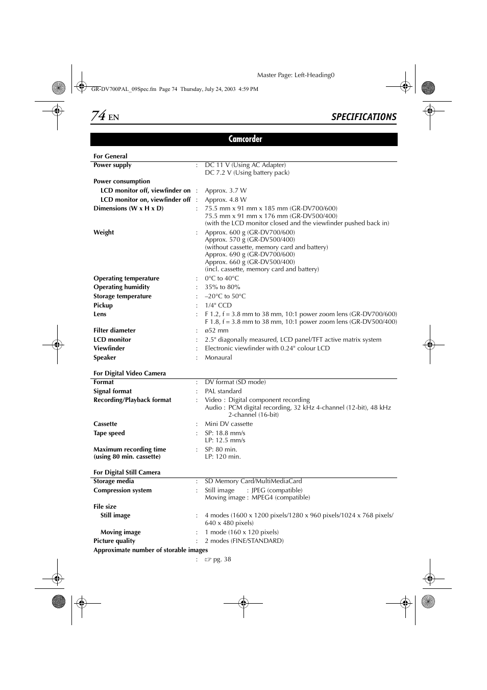Specifications, Camcorder | JVC GR-DV700  EN User Manual | Page 74 / 84