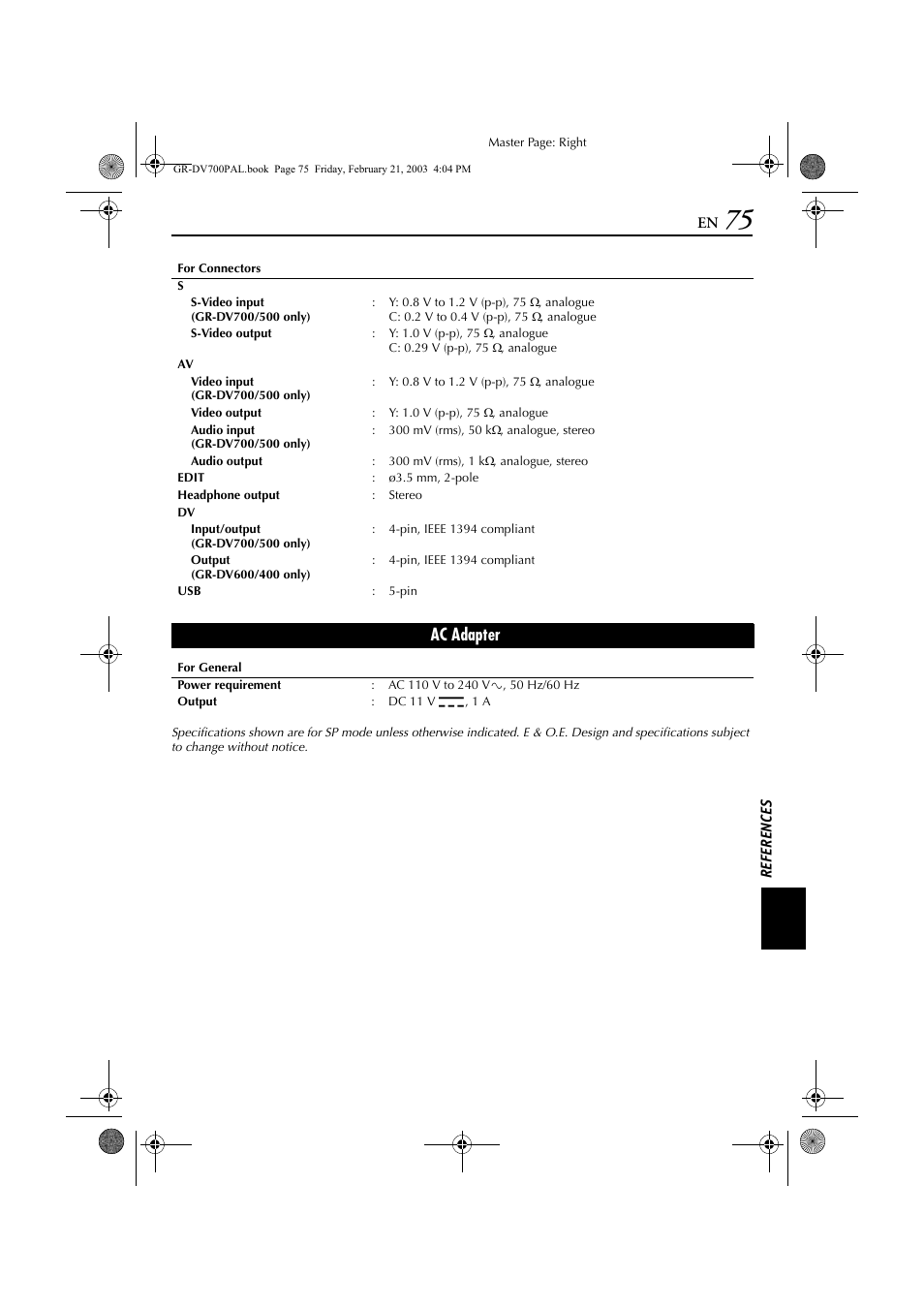 Ac adapter | JVC GR-DV700  EN User Manual | Page 75 / 84