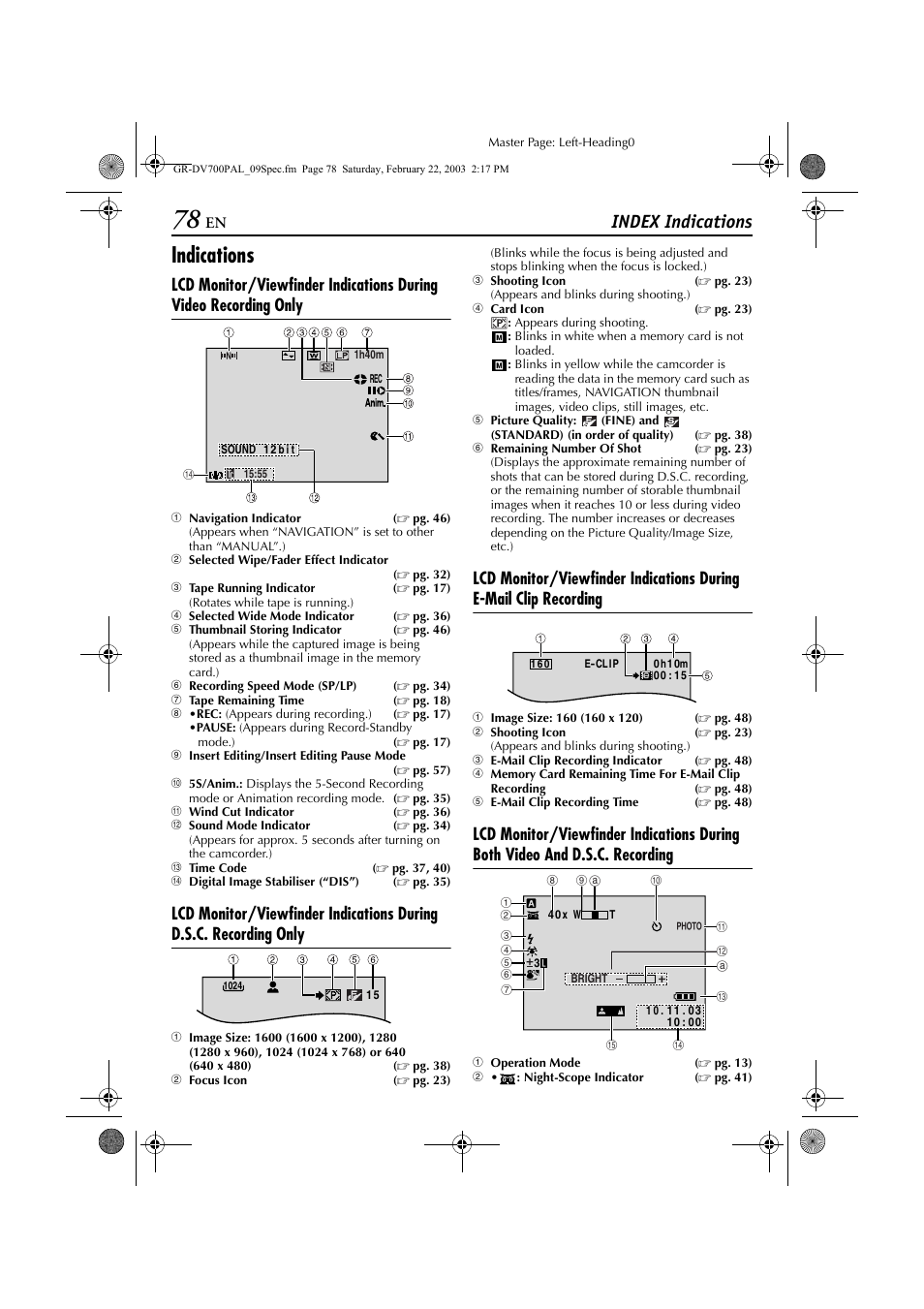Pg. 78), Shooting icon ( ੬ pg. 78), Icon ( ੬ pg. 78) | Er of shots ( ੬ pg. 78), Indications, Index indications | JVC GR-DV700  EN User Manual | Page 78 / 84