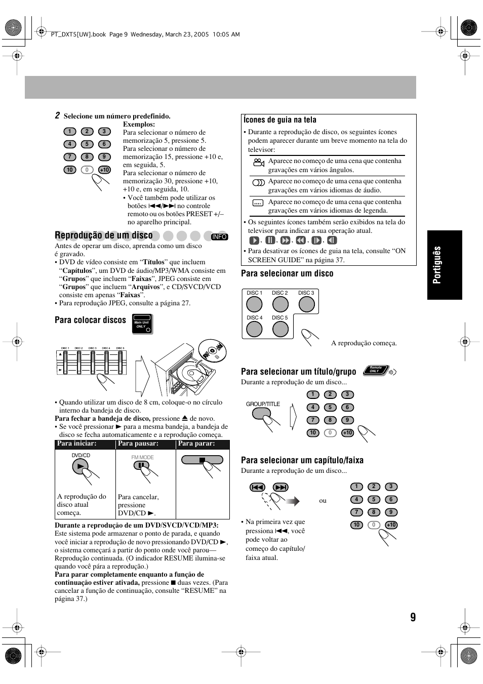 Reprodução de um disco, Para colocar discos, Para selecionar um capítulo/faixa | JVC DX-T5 User Manual | Page 105 / 145