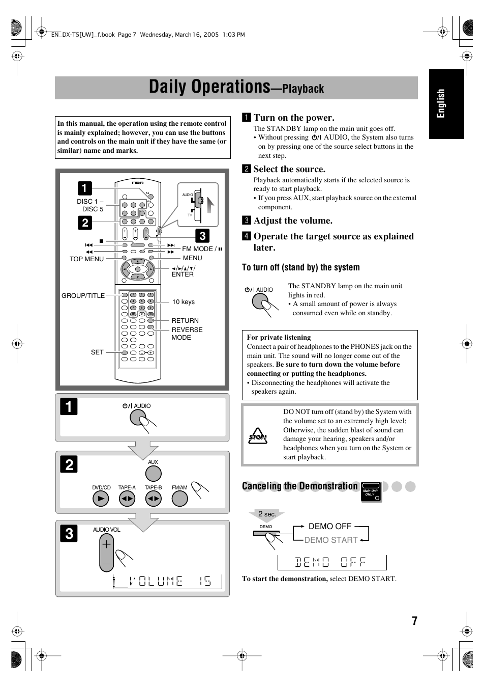 Daily operations, Playback, English | Turn on the power, Øselect the source, Canceling the demonstration | JVC DX-T5 User Manual | Page 11 / 145