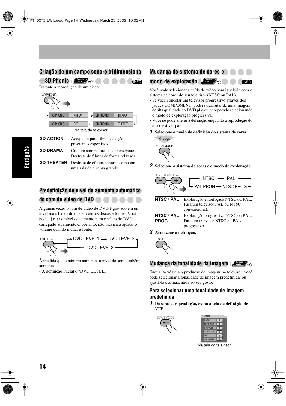 Predefinição do nível de aumento automático, Do som de vídeo de dvd, Mudança do sistema de cores e modo de exploração | Mudança da tonalidade da imagem | JVC DX-T5 User Manual | Page 110 / 145