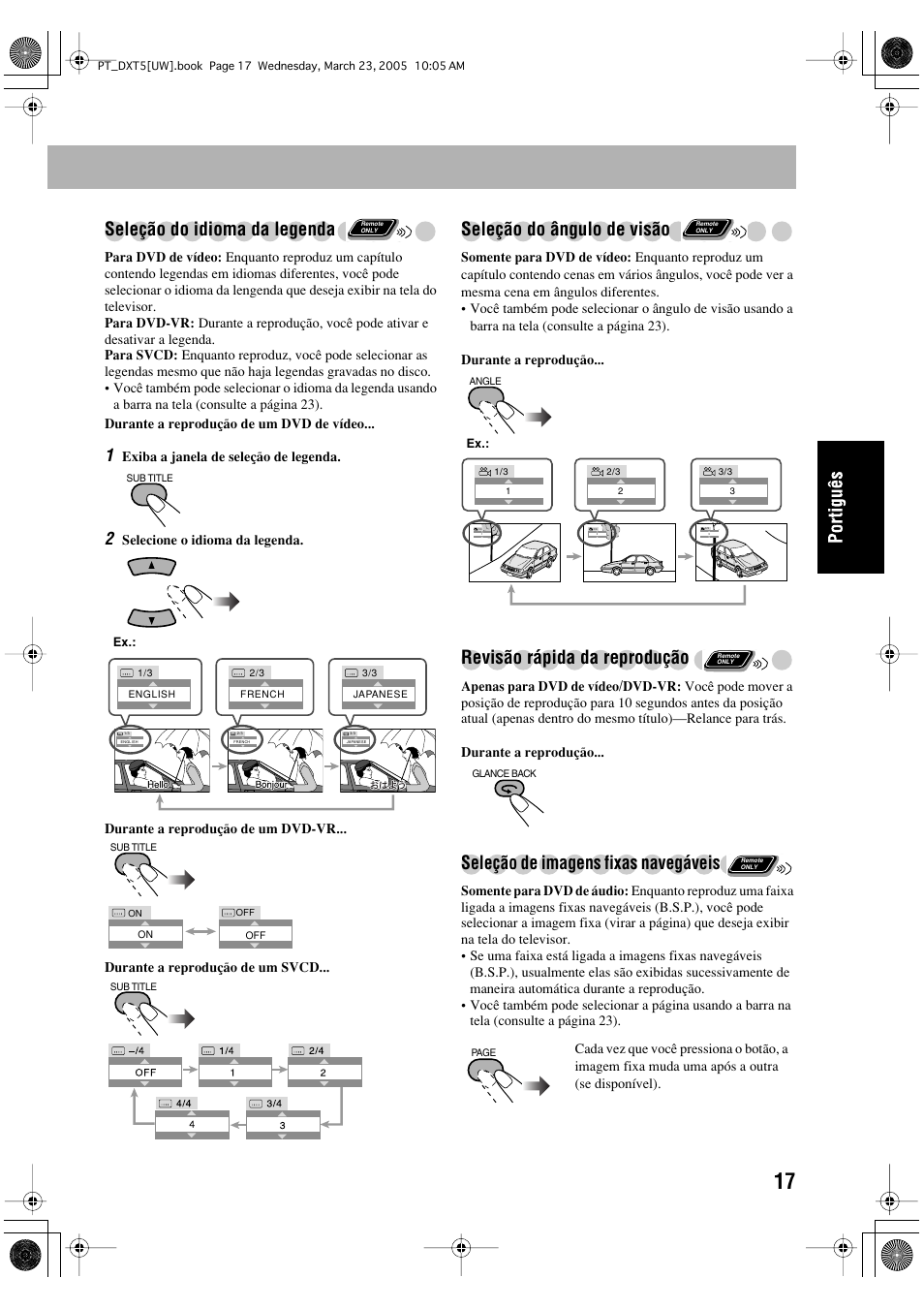 Seleção do idioma da legenda, Seleção do ângulo de visão, Revisão rápida da reprodução | Seleção de imagens fixas navegáveis | JVC DX-T5 User Manual | Page 113 / 145