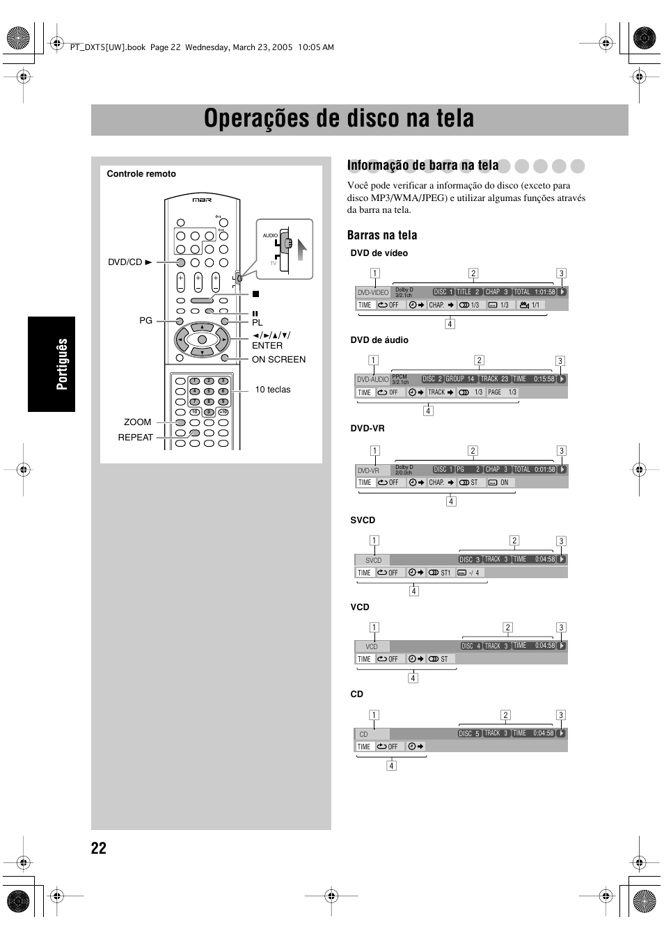 Operações de disco na tela, Informação de barra na tela, Barras na tela | JVC DX-T5 User Manual | Page 118 / 145