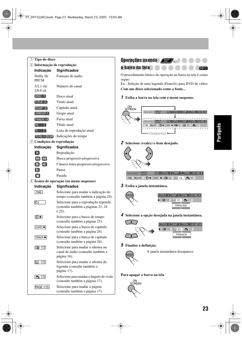 Operações usando a barra na tela | JVC DX-T5 User Manual | Page 119 / 145