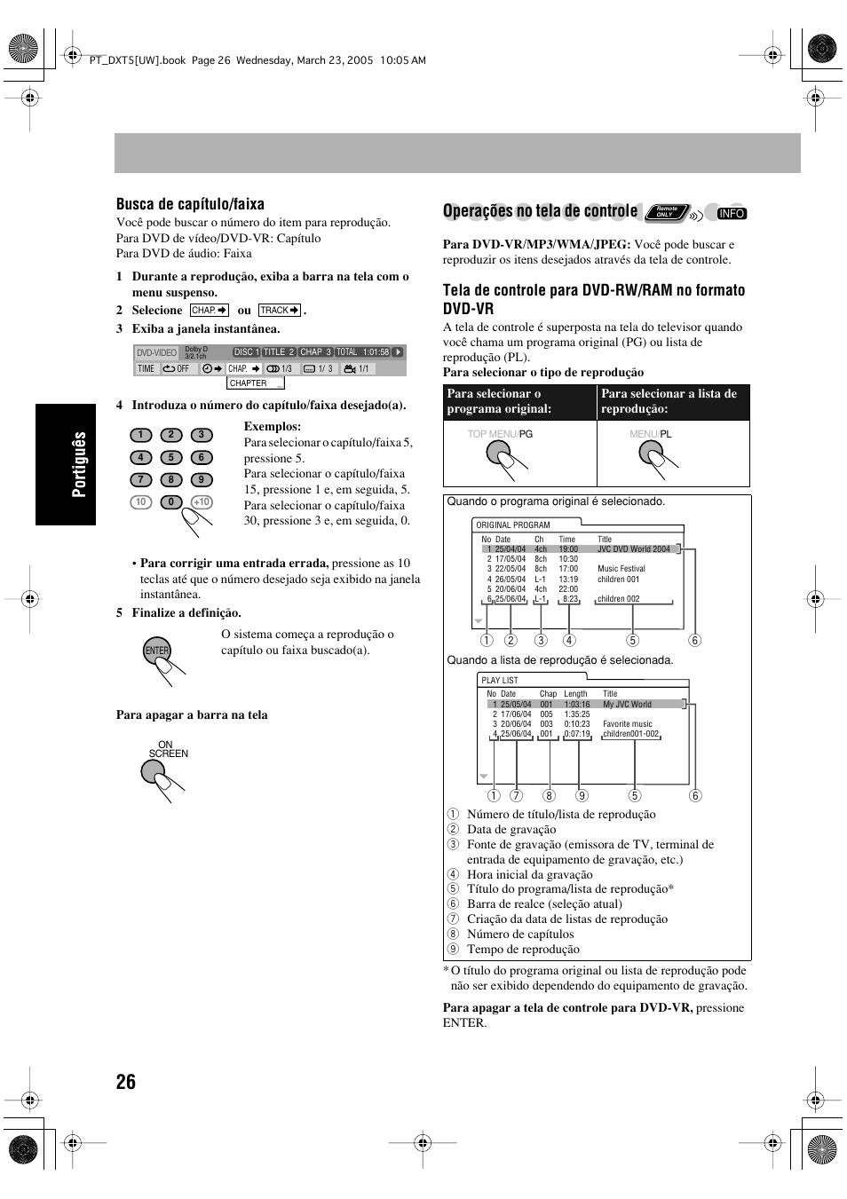 Operações no tela de controle, Busca de capítulo/faixa, Tela de controle para dvd-rw/ram no formato dvd-vr | JVC DX-T5 User Manual | Page 122 / 145