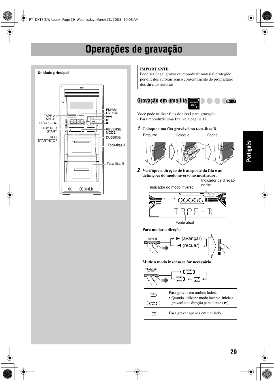 Operações de gravação, Gravação em uma fita | JVC DX-T5 User Manual | Page 125 / 145