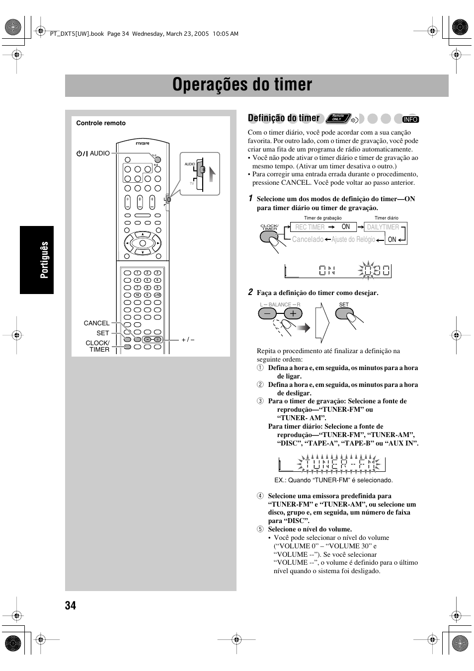 Operações do timer, Definição do timer | JVC DX-T5 User Manual | Page 130 / 145