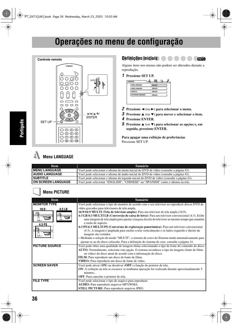 Operações no menu de configuração, Definições iniciais, Menu language menu picture | JVC DX-T5 User Manual | Page 132 / 145