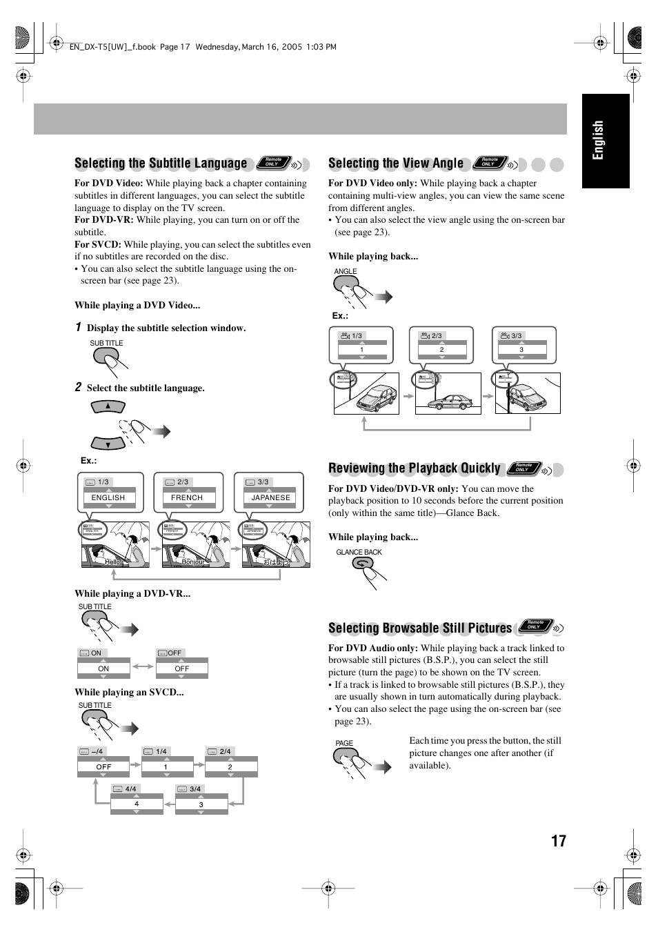 English selecting the subtitle language, Selecting the view angle, Reviewing the playback quickly | Selecting browsable still pictures | JVC DX-T5 User Manual | Page 21 / 145