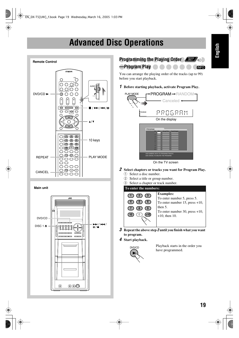 Advanced disc operations, English, Programming the playing order —program play | Program random canceled | JVC DX-T5 User Manual | Page 23 / 145