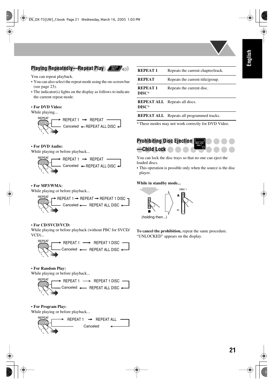 English, Playing repeatedly—repeat play, Prohibiting disc ejection —child lock | JVC DX-T5 User Manual | Page 25 / 145