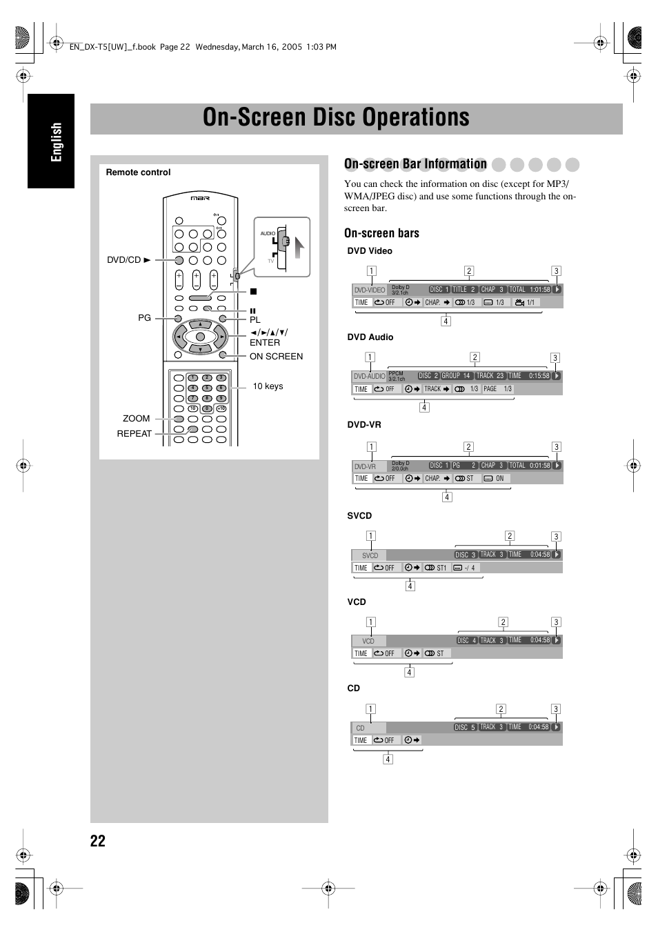 On-screen disc operations, English, On-screen bar information | On-screen bars | JVC DX-T5 User Manual | Page 26 / 145