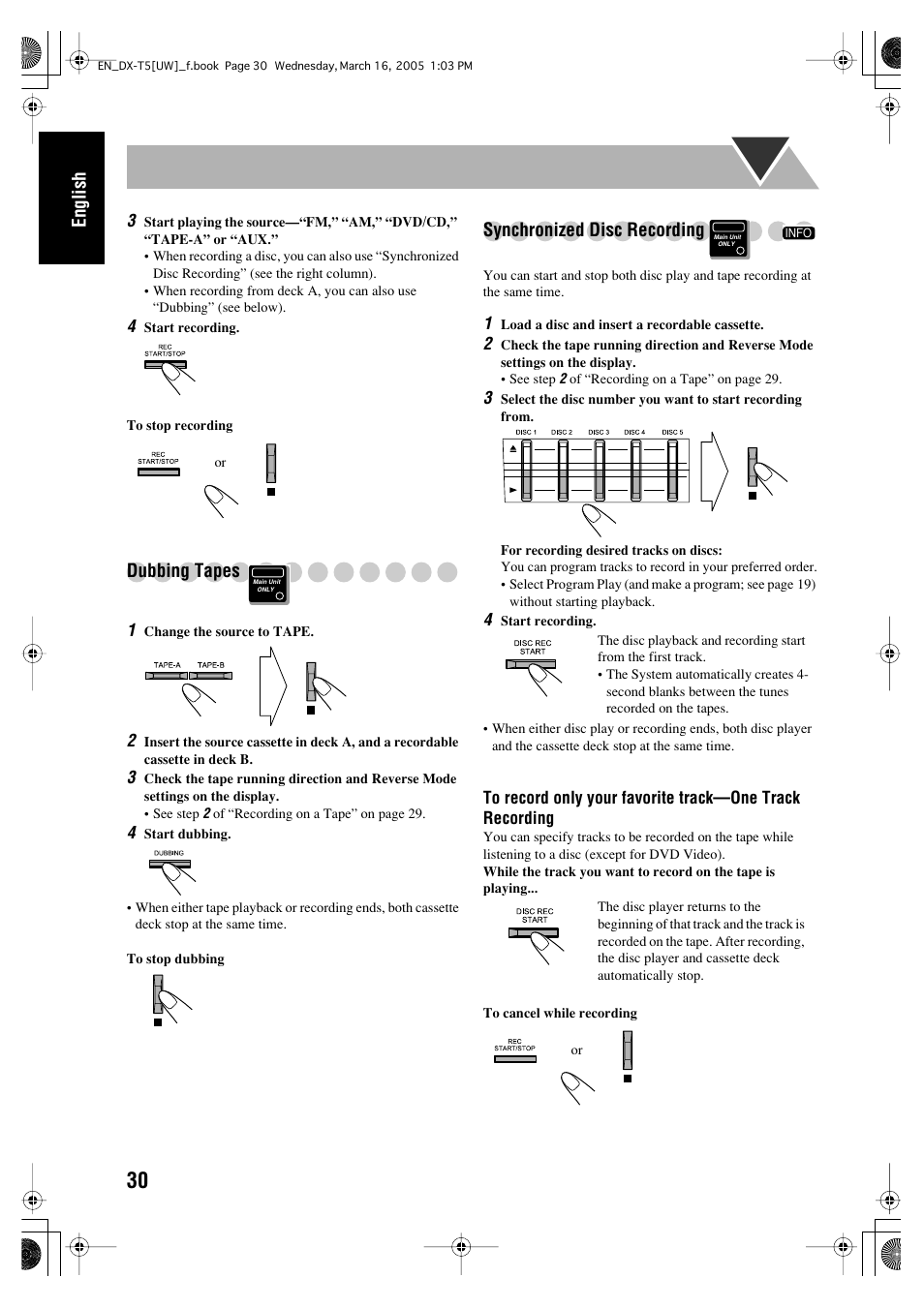 English, Dubbing tapes, Synchronized disc recording | JVC DX-T5 User Manual | Page 34 / 145