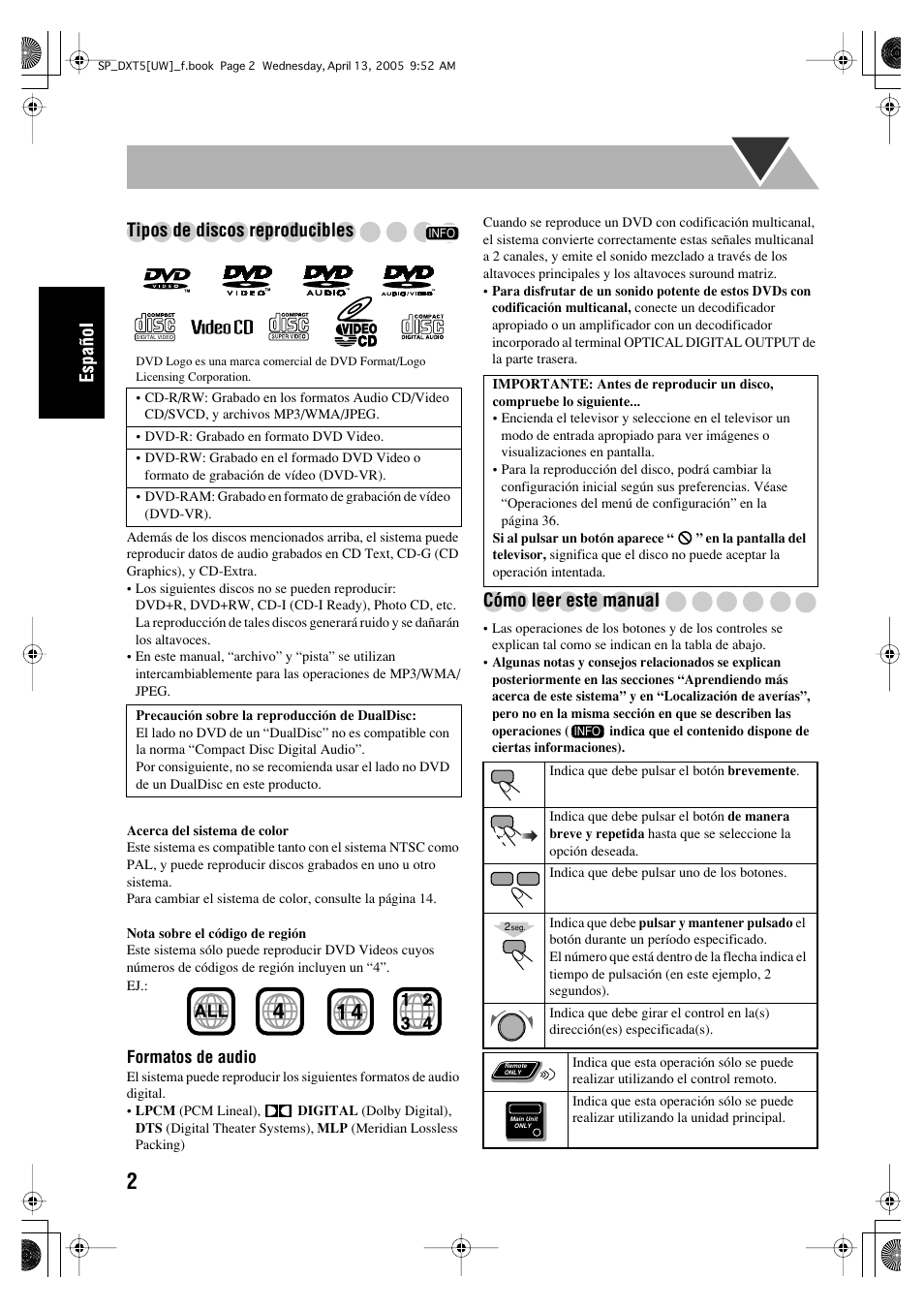 Tipos de discos reproducibles, Cómo leer este manual | JVC DX-T5 User Manual | Page 52 / 145