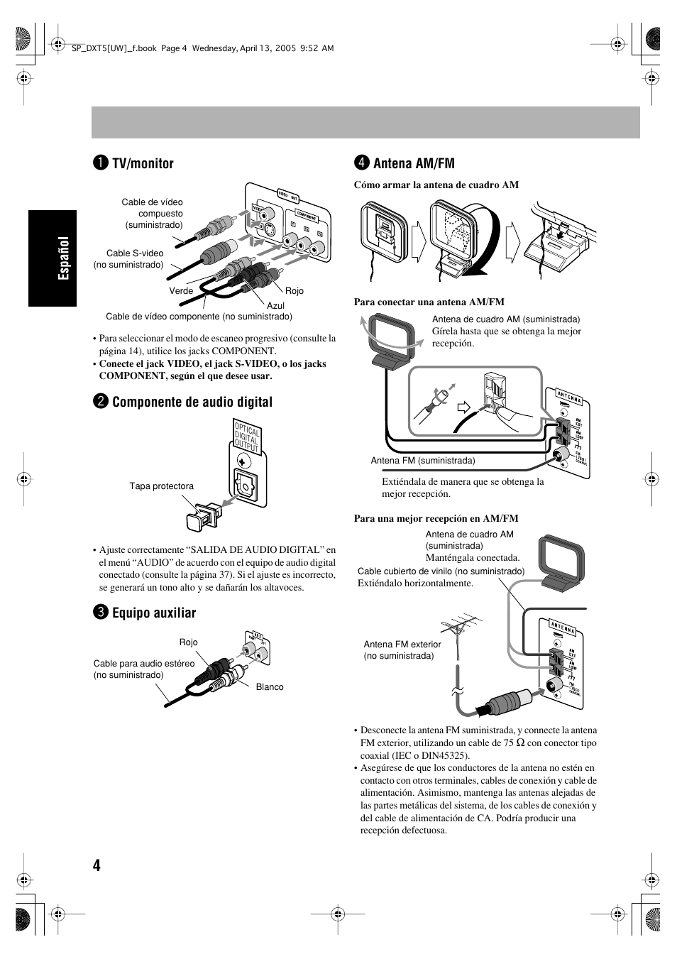 Tv/monitor, Componente de audio digital, Equipo auxiliar | Antena am/fm | JVC DX-T5 User Manual | Page 54 / 145