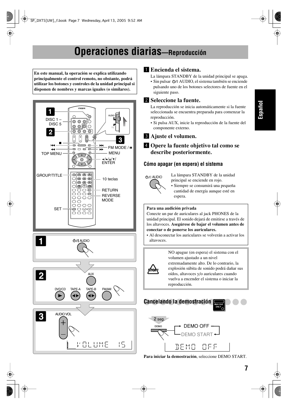 Operaciones diarias, Reproducción, Encienda el sistema | Øseleccione la fuente, Cancelando la demostración | JVC DX-T5 User Manual | Page 57 / 145