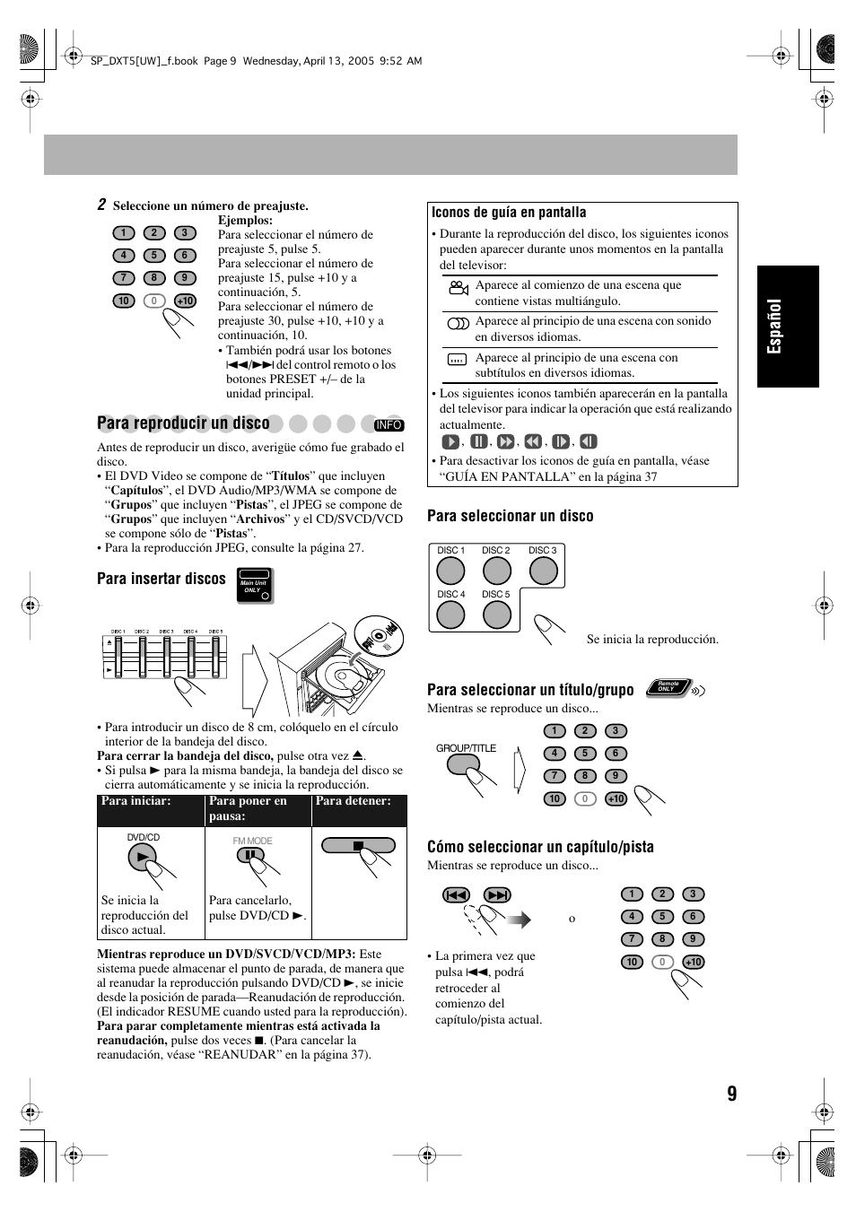 Para reproducir un disco, Para insertar discos, Cómo seleccionar un capítulo/pista | JVC DX-T5 User Manual | Page 59 / 145