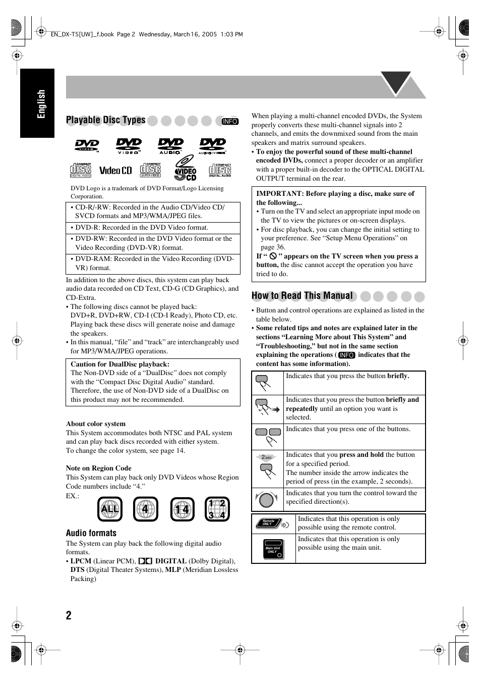 English playable disc types, How to read this manual | JVC DX-T5 User Manual | Page 6 / 145