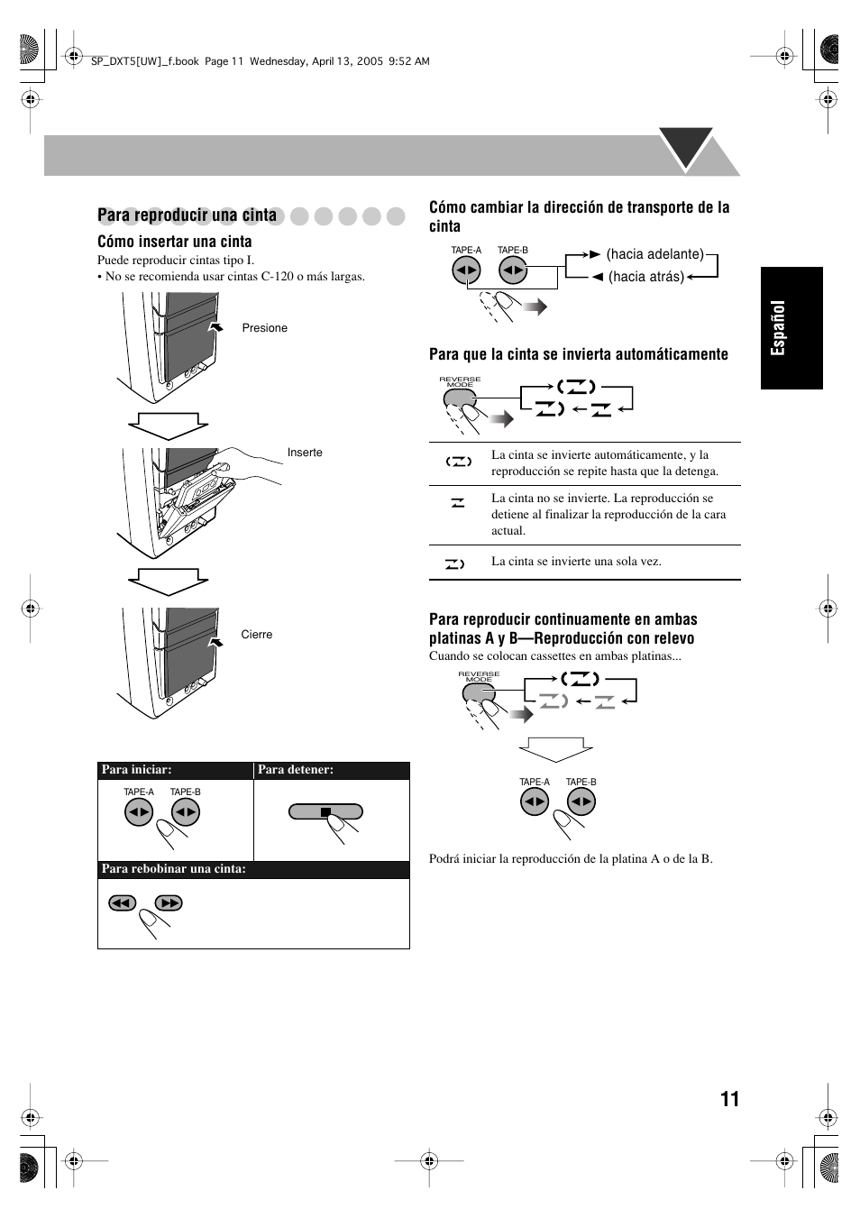 Para reproducir una cinta | JVC DX-T5 User Manual | Page 61 / 145