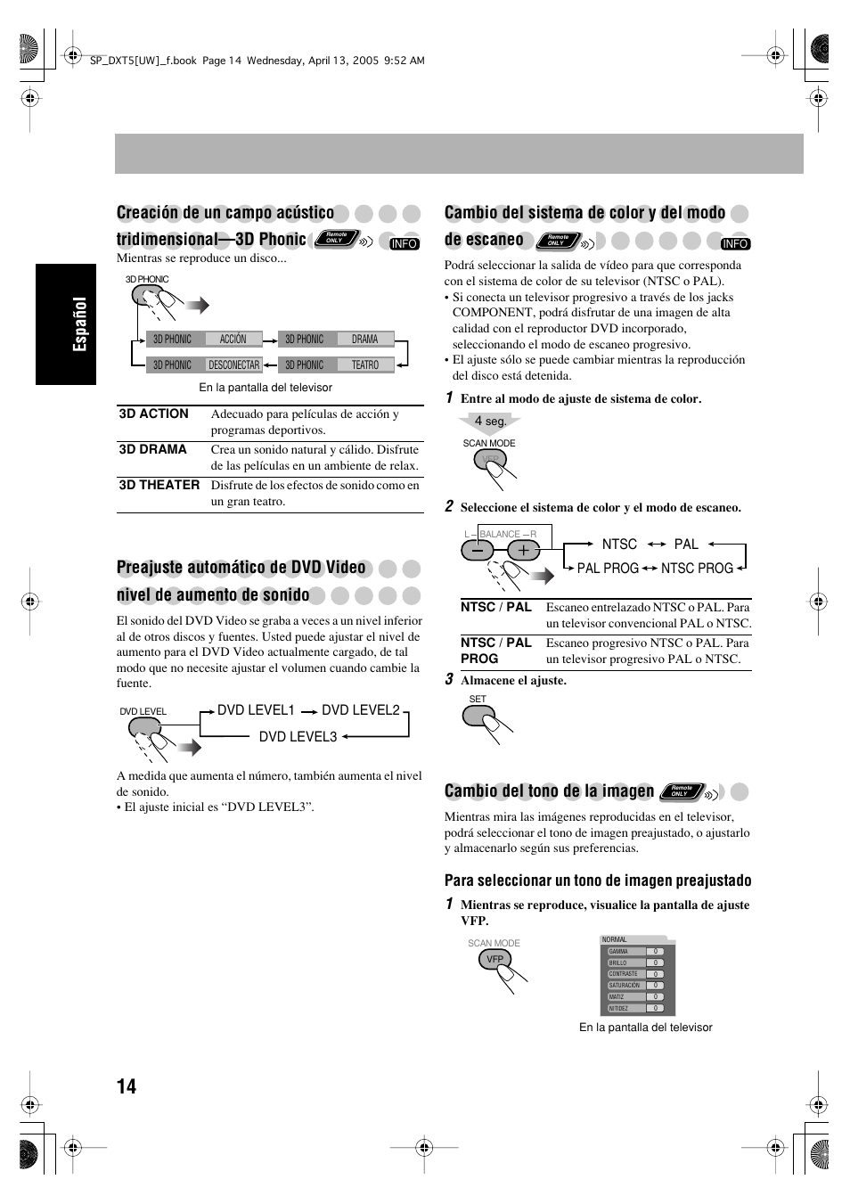 Cambio del sistema de color y del modo de escaneo, Cambio del tono de la imagen | JVC DX-T5 User Manual | Page 64 / 145