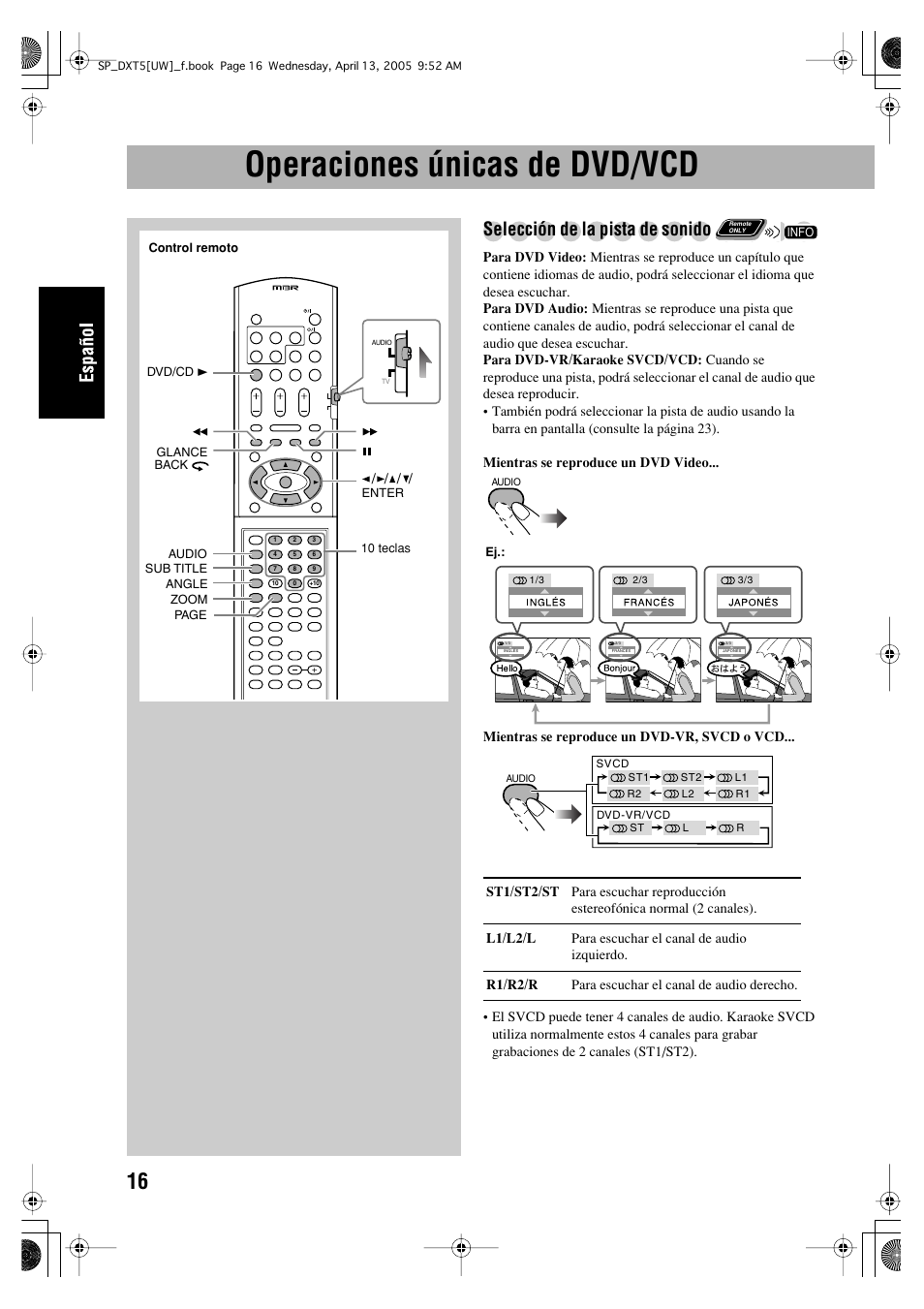 Operaciones únicas de dvd/vcd, Selección de la pista de sonido | JVC DX-T5 User Manual | Page 66 / 145