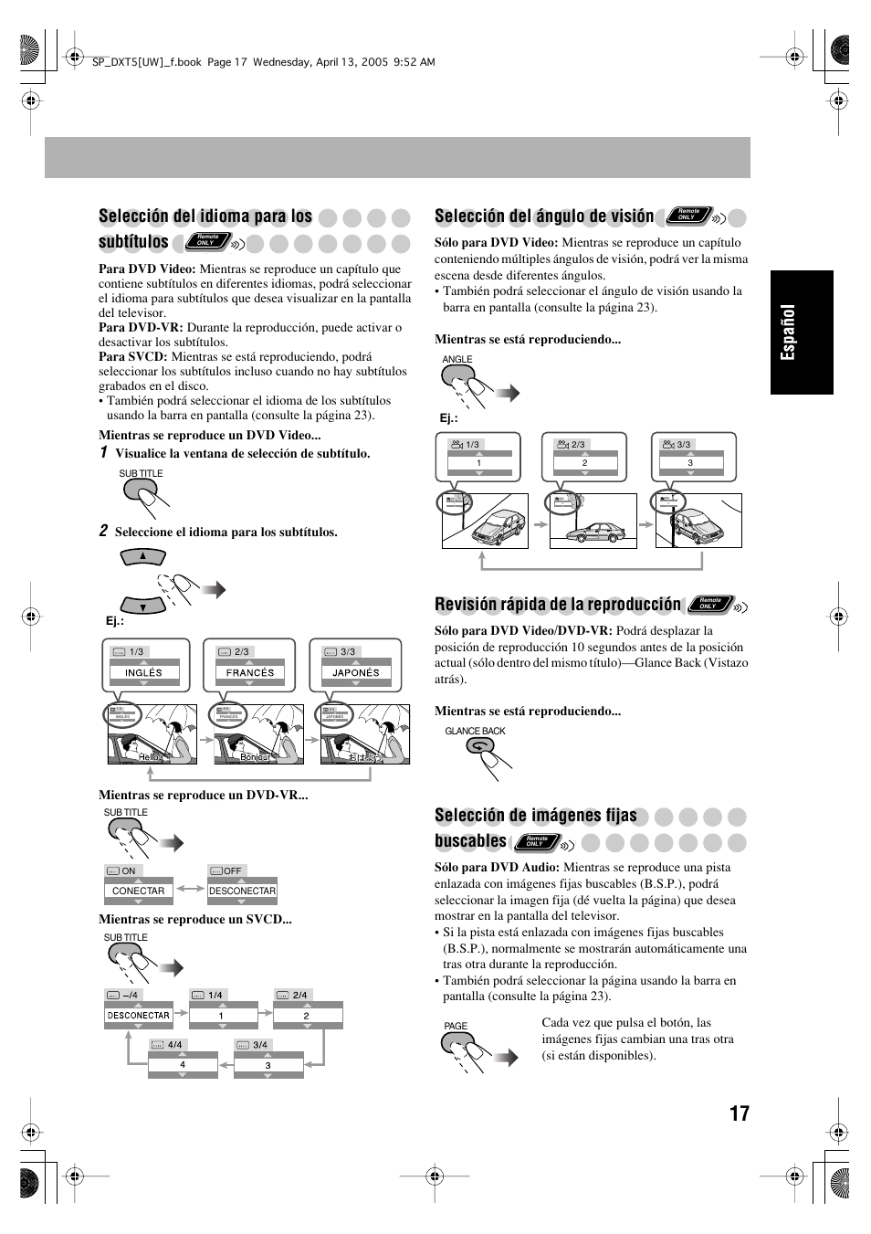 Selección del idioma para los subtítulos, Selección del ángulo de visión, Revisión rápida de la reproducción | Selección de imágenes fijas buscables | JVC DX-T5 User Manual | Page 67 / 145