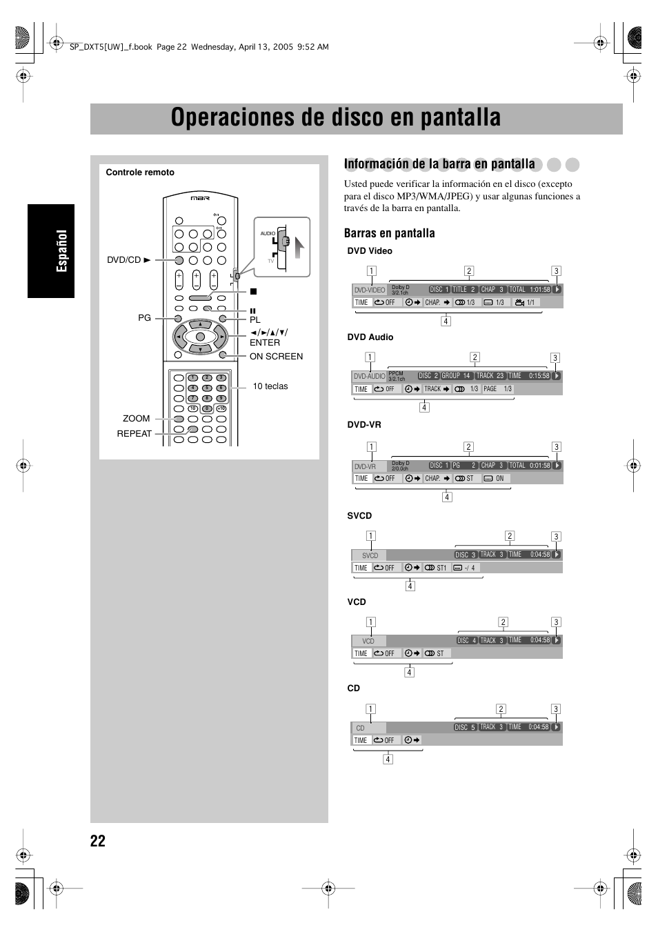 Operaciones de disco en pantalla, Información de la barra en pantalla, Barras en pantalla | JVC DX-T5 User Manual | Page 72 / 145