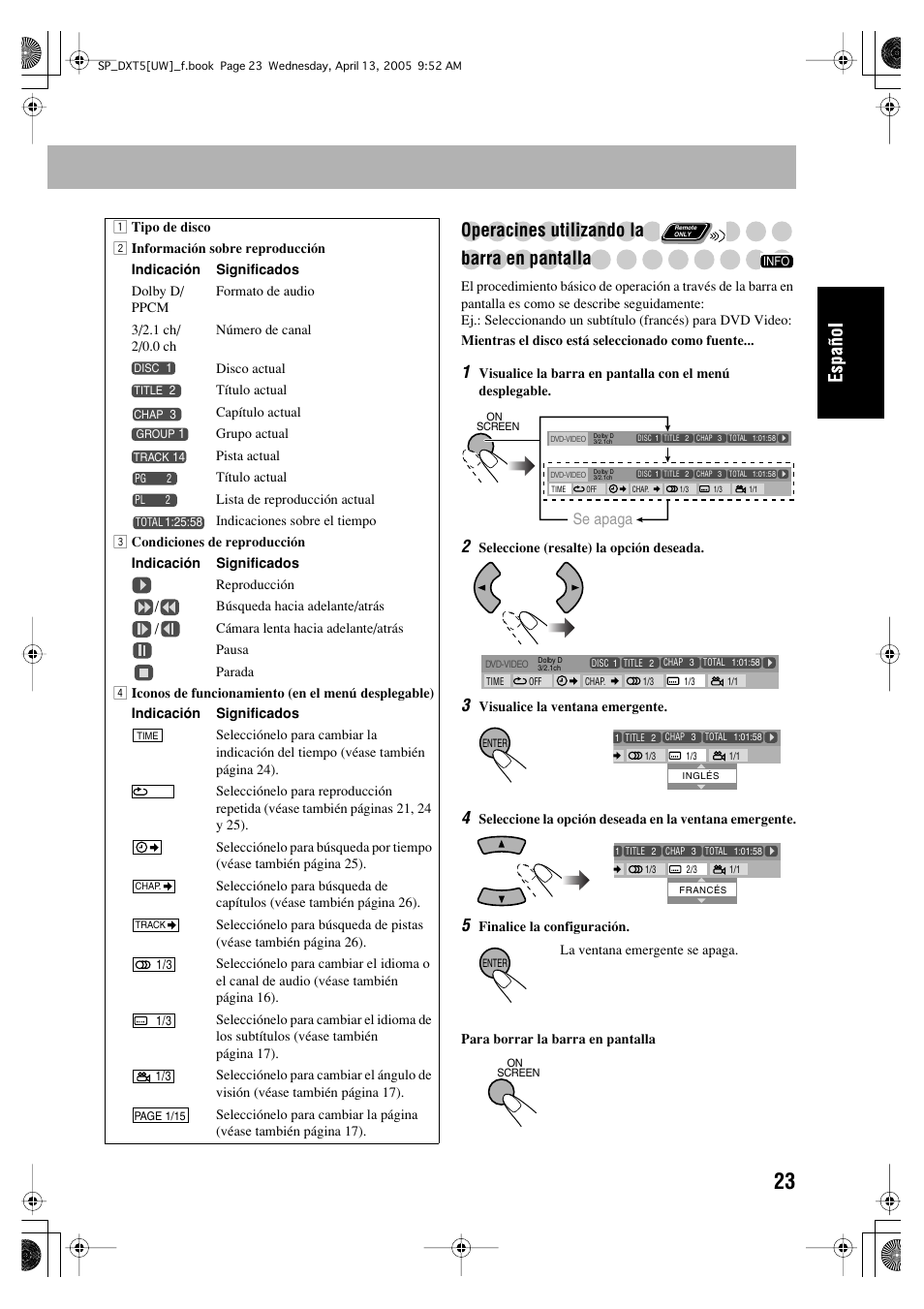 Operacines utilizando la barra en pantalla | JVC DX-T5 User Manual | Page 73 / 145