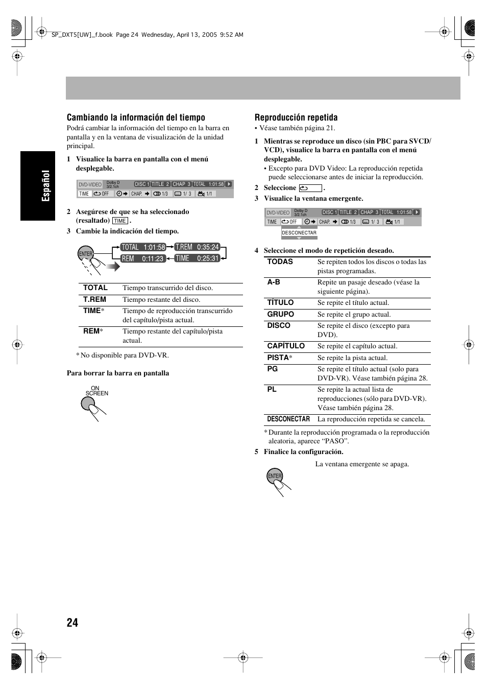 Cambiando la información del tiempo, Reproducción repetida | JVC DX-T5 User Manual | Page 74 / 145