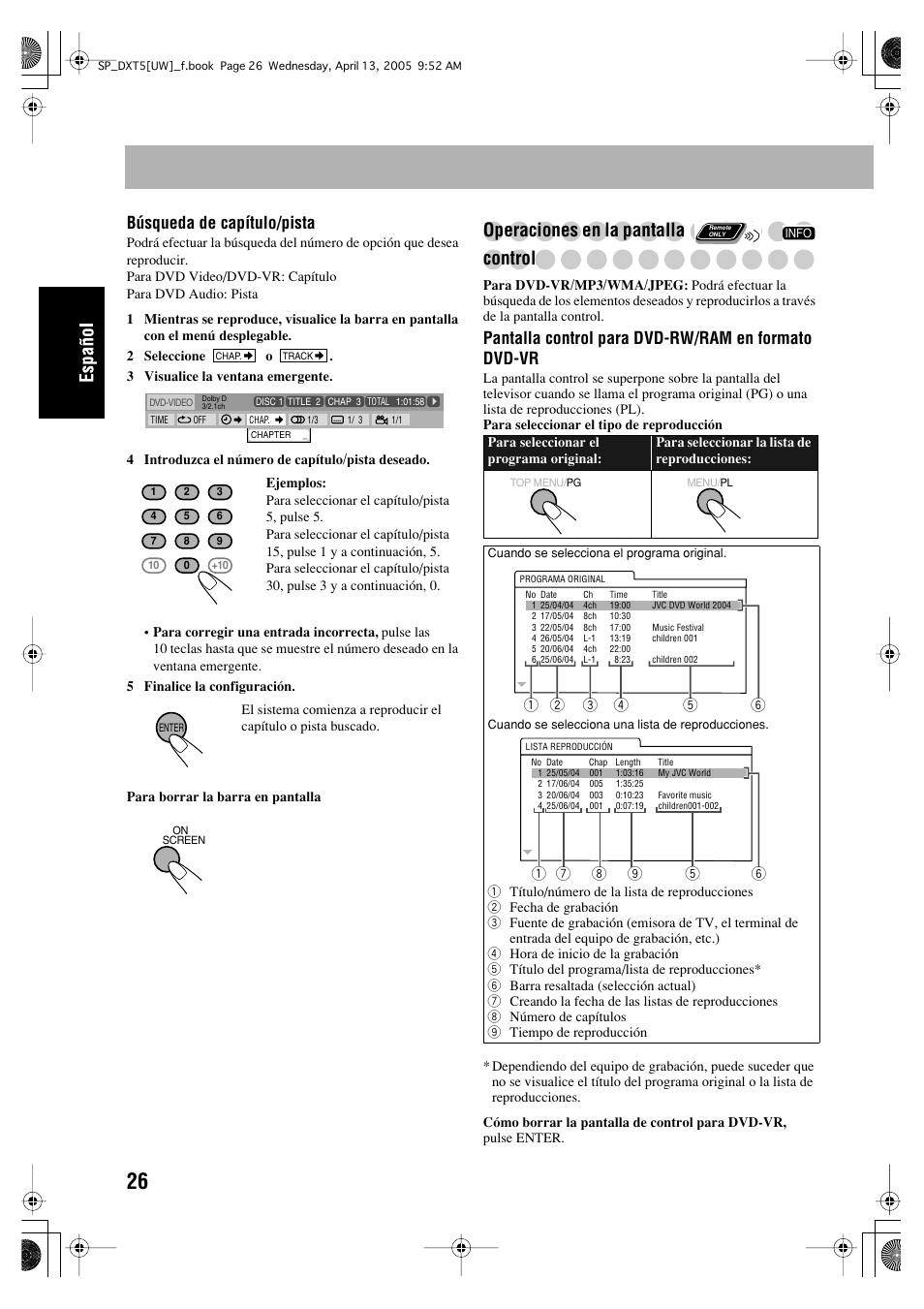 Operaciones en la pantalla control, Búsqueda de capítulo/pista, Pantalla control para dvd-rw/ram en formato dvd-vr | JVC DX-T5 User Manual | Page 76 / 145