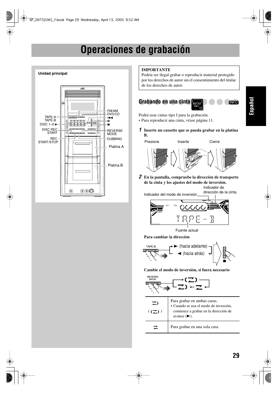 Operaciones de grabación, Grabando en una cinta | JVC DX-T5 User Manual | Page 79 / 145