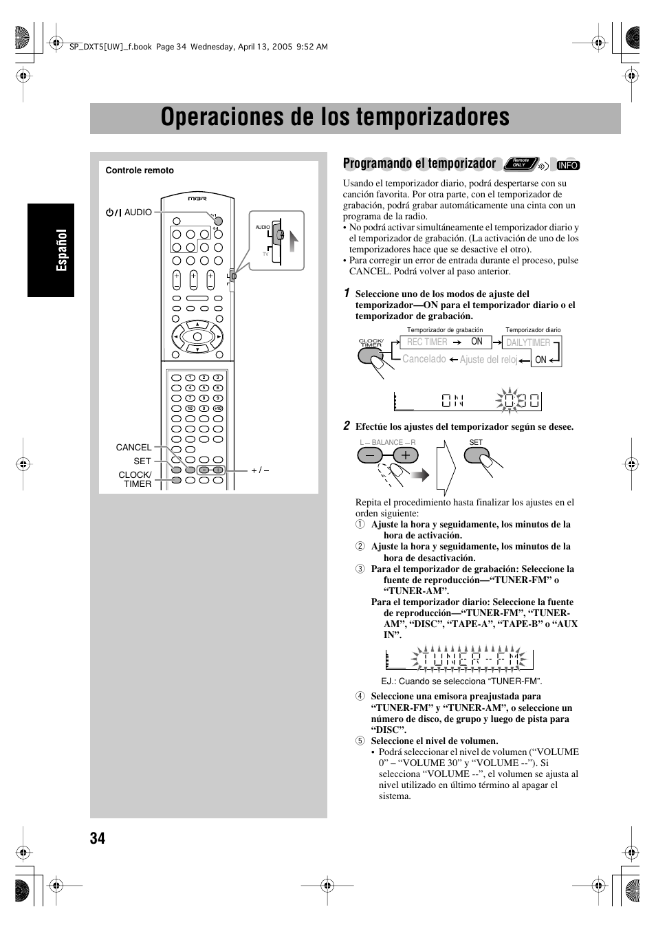 Operaciones de los temporizadores, Programando el temporizador | JVC DX-T5 User Manual | Page 84 / 145