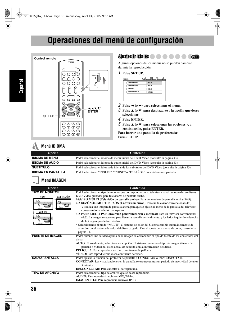 Operaciones del menú de configuración, Ajustes iniciales, Menú idioma menú imagen | JVC DX-T5 User Manual | Page 86 / 145