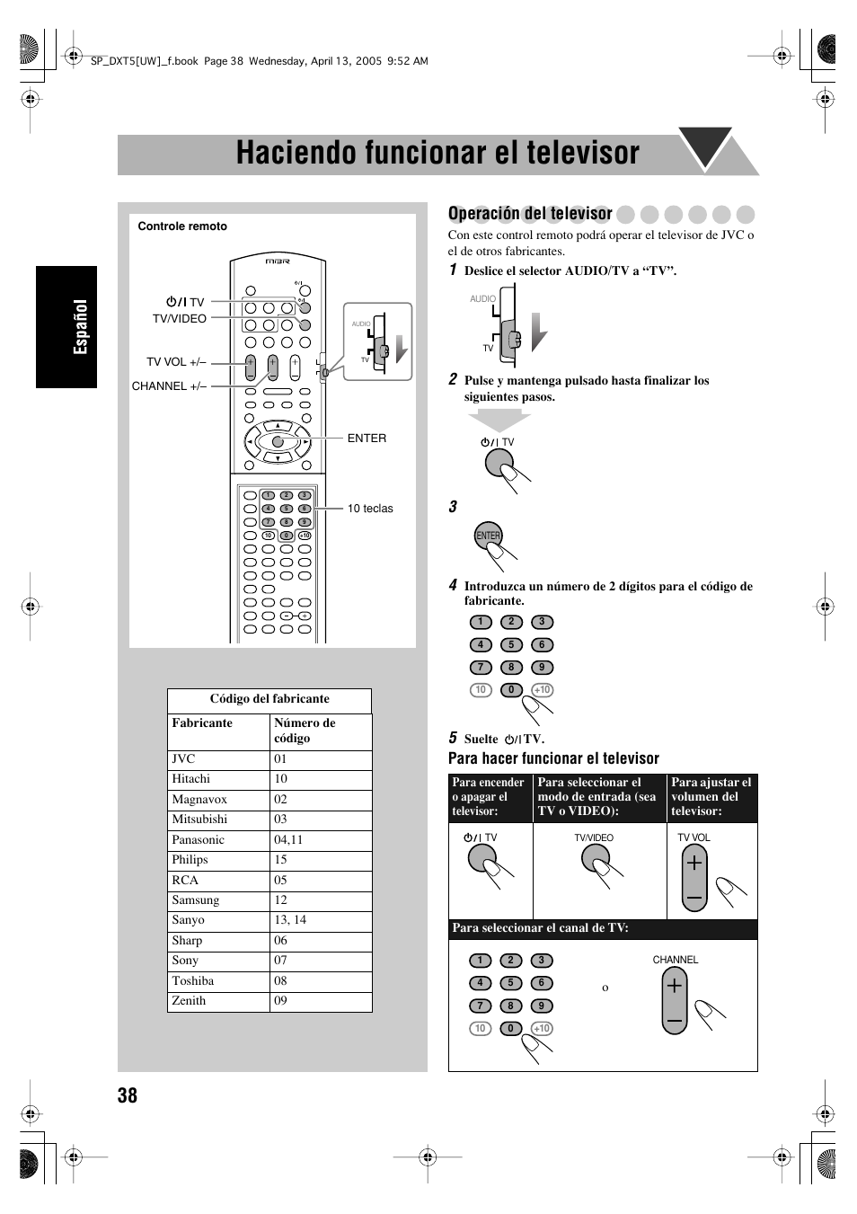 Haciendo funcionar el televisor, Operación del televisor, Para hacer funcionar el televisor | JVC DX-T5 User Manual | Page 88 / 145