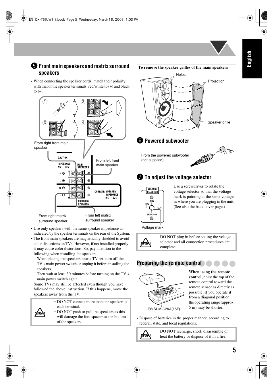 English, Front main speakers and matrix surround speakers, Powered subwoofer | JVC DX-T5 User Manual | Page 9 / 145