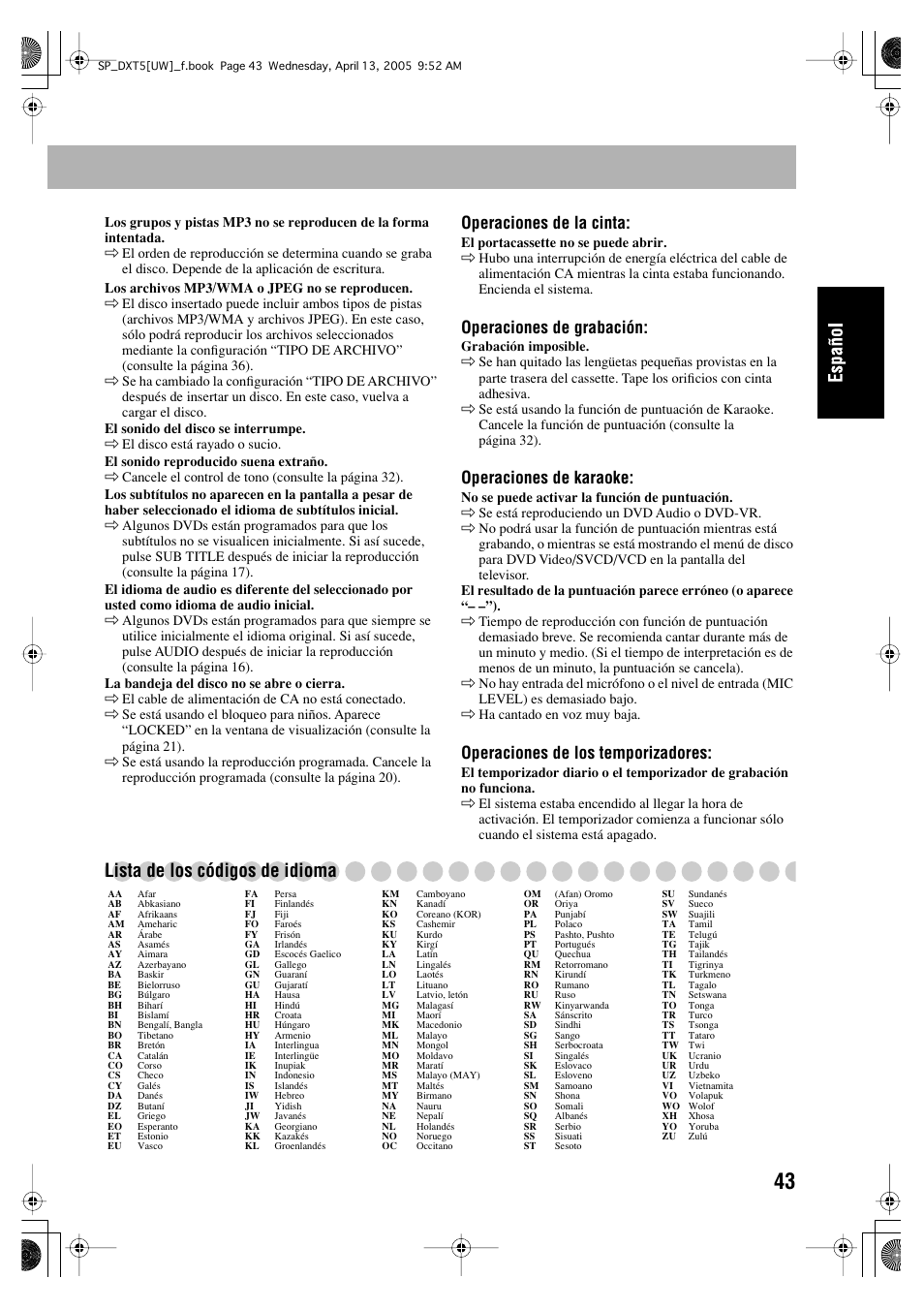 Lista de los códigos de idioma, Operaciones de la cinta, Operaciones de grabación | Operaciones de karaoke, Operaciones de los temporizadores | JVC DX-T5 User Manual | Page 93 / 145