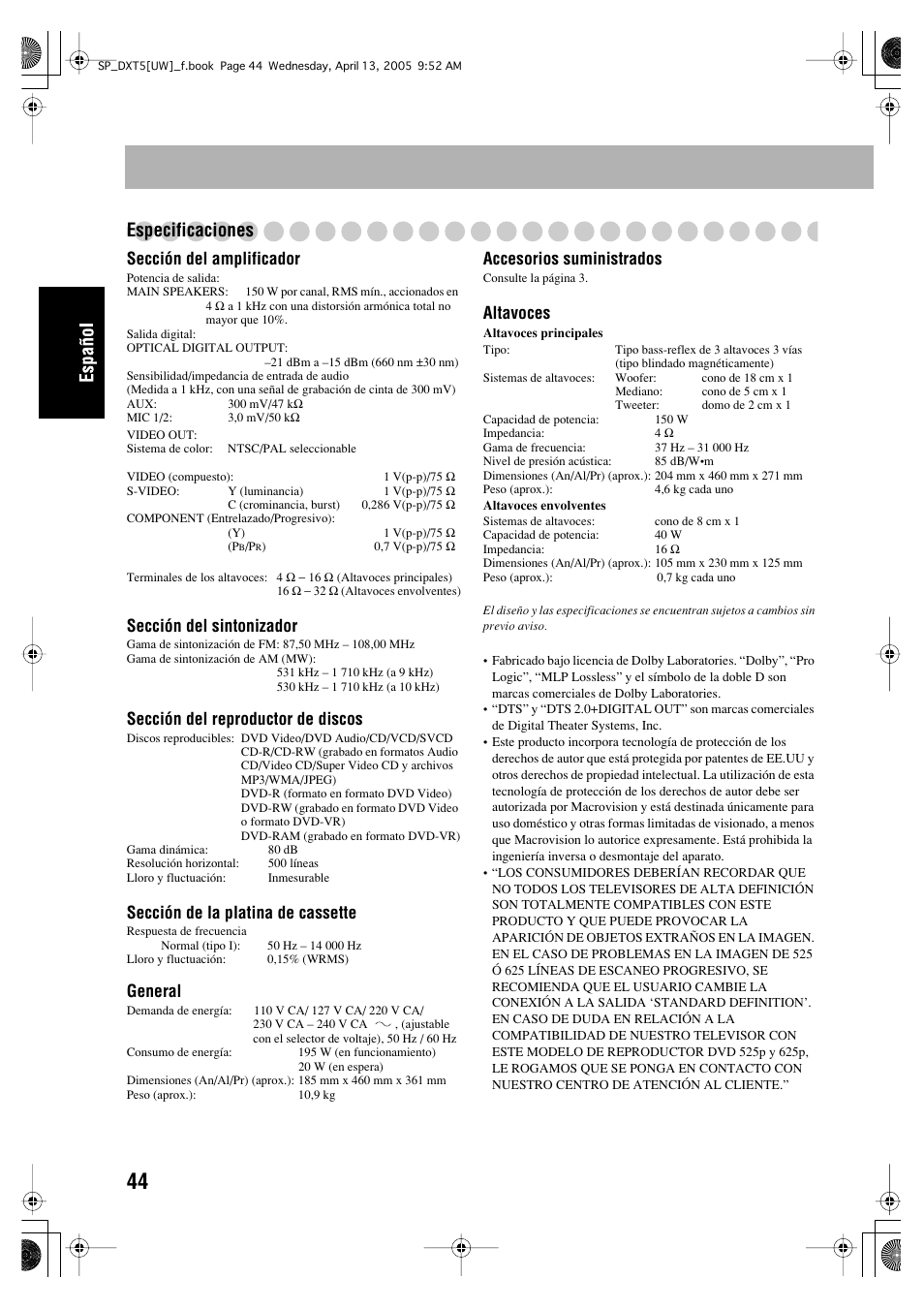 Especificaciones, Sección del amplificador, Sección del sintonizador | Sección del reproductor de discos, Sección de la platina de cassette, General, Accesorios suministrados, Altavoces | JVC DX-T5 User Manual | Page 94 / 145