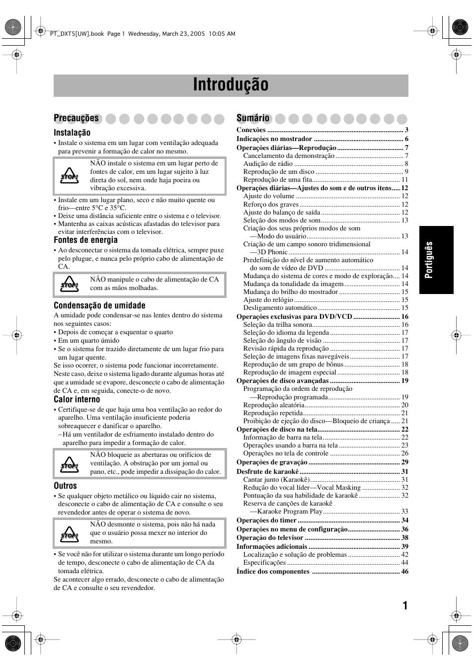 Introdução, Precauções, Sumário | JVC DX-T5 User Manual | Page 97 / 145