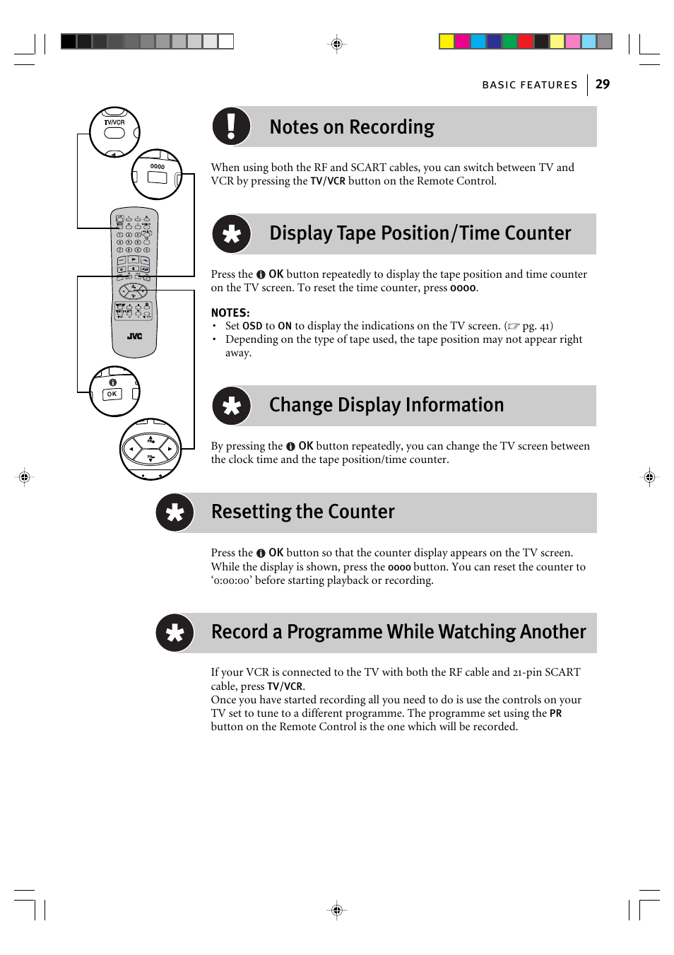 Display tape position/time counter, Change display information, Resetting the counter | Record a programme while watching another | JVC HR-J295EK User Manual | Page 29 / 52