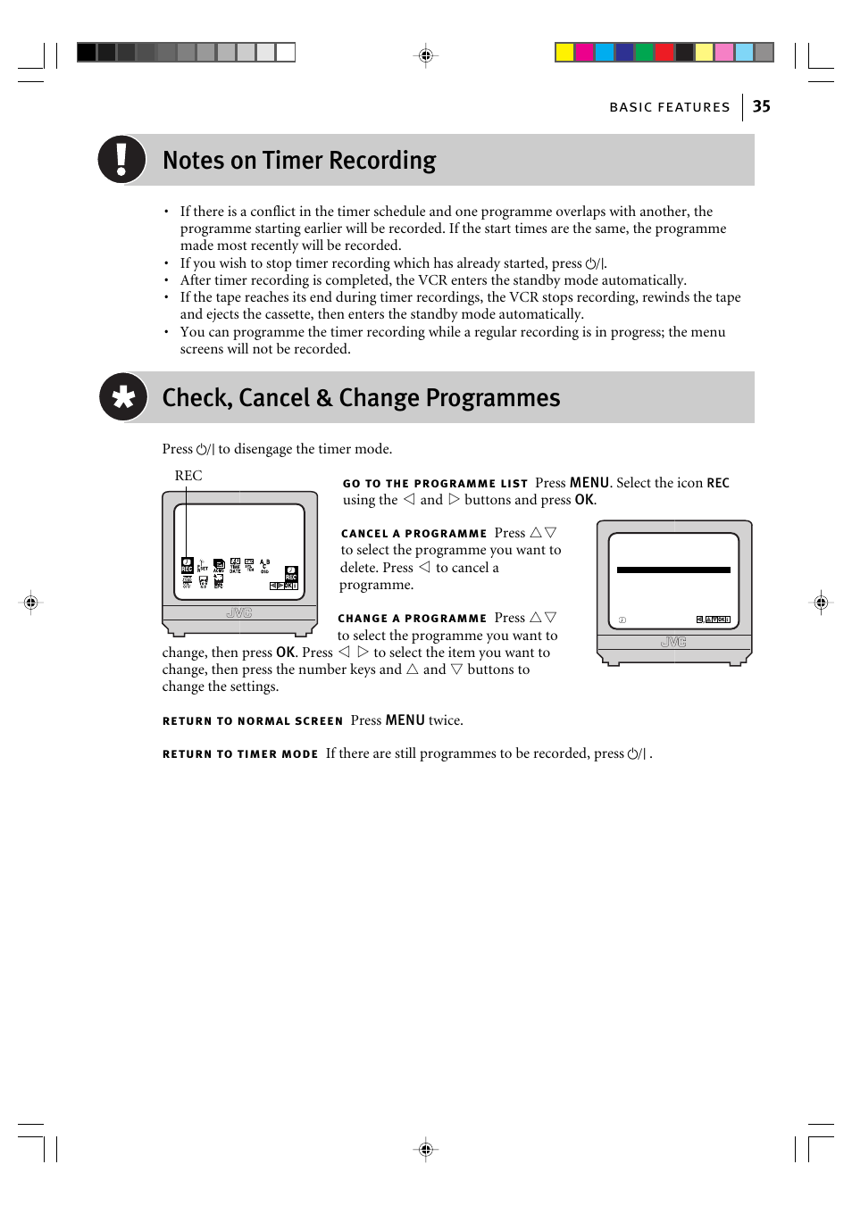 Check, cancel & change programmes, Basic features 35 | JVC HR-J295EK User Manual | Page 35 / 52