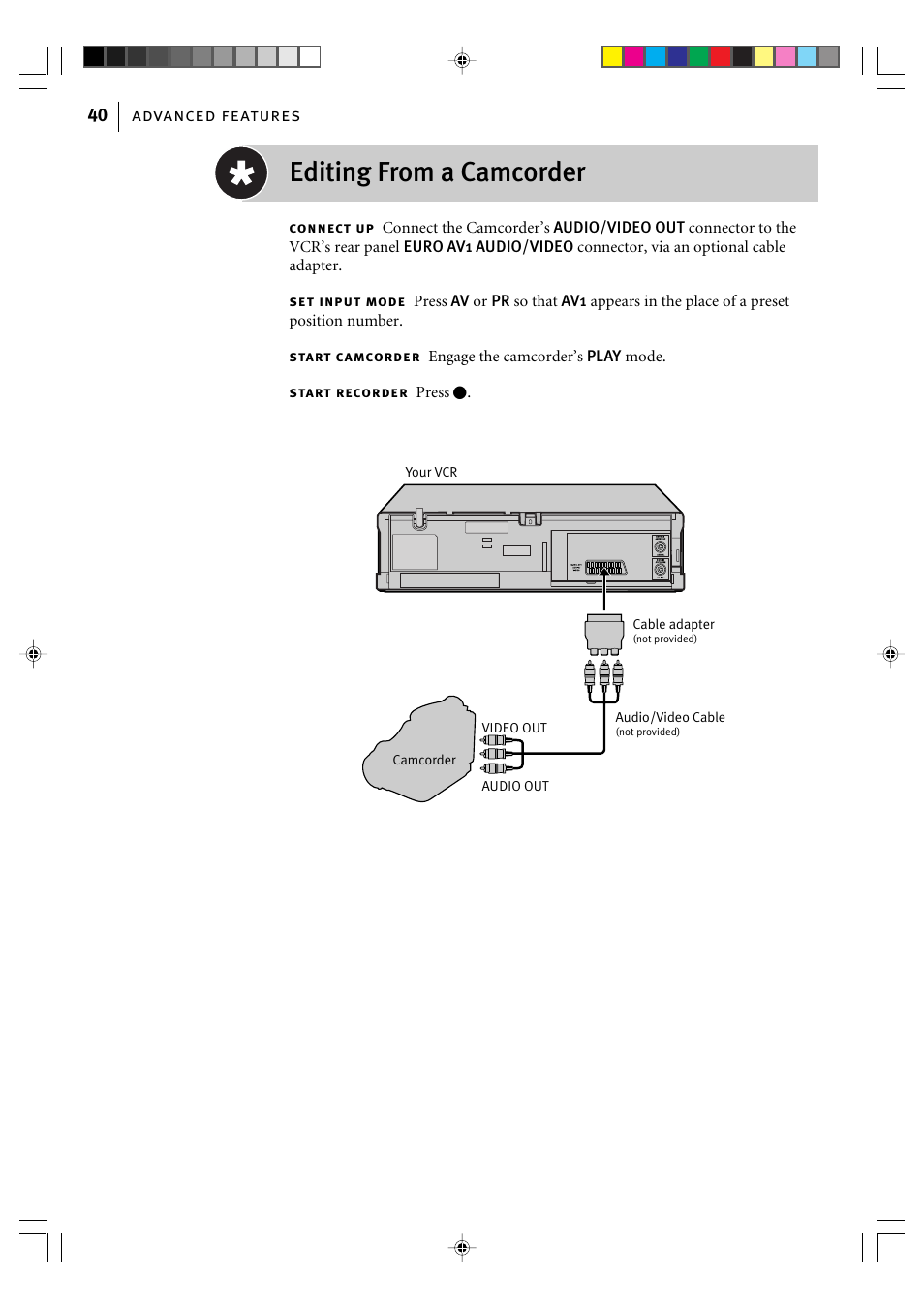 Editing from a camcorder, Advanced features 40 | JVC HR-J295EK User Manual | Page 40 / 52
