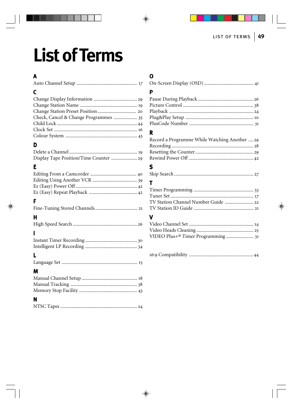 List of terms | JVC HR-J295EK User Manual | Page 49 / 52