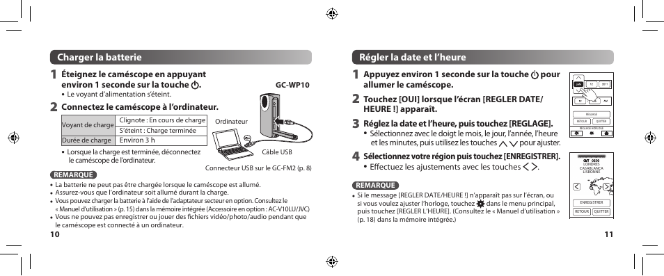 Charger la batterie, Régler la date et l’heure | JVC 0810YMH-AL-VM User Manual | Page 15 / 45