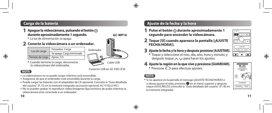 Carga de la batería, Ajuste de la fecha y la hora | JVC 0810YMH-AL-VM User Manual | Page 24 / 45