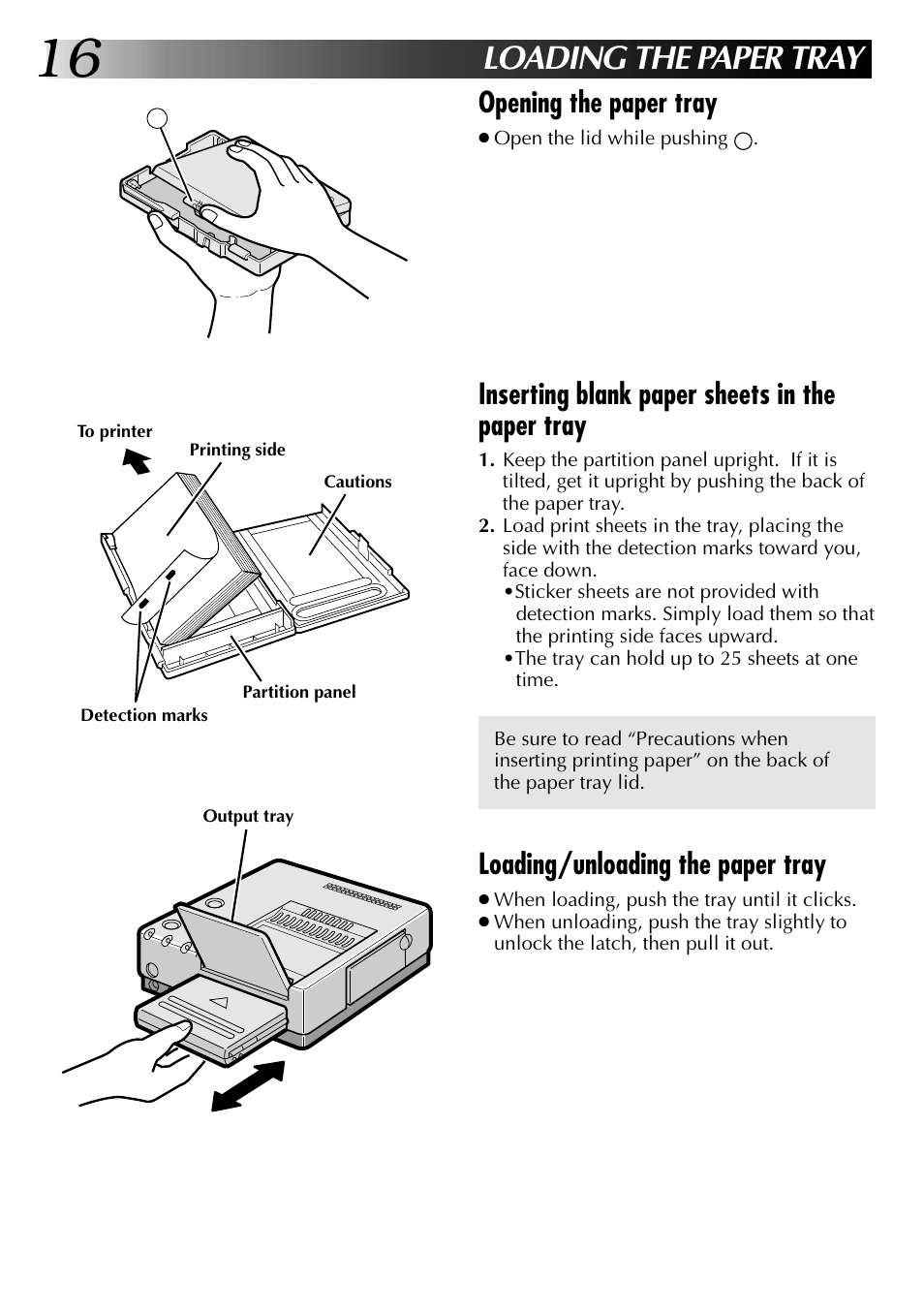 Loading the paper tray, Opening the paper tray, Inserting blank paper sheets in the paper tray | Loading/unloading the paper tray | JVC GV-PT2 User Manual | Page 17 / 75