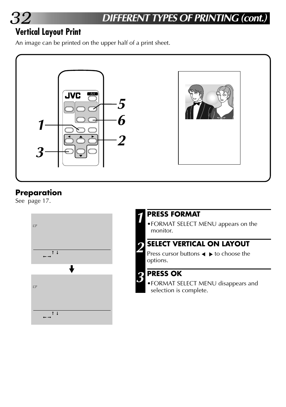 Different types of printing (cont.), Vertical layout print, Preparation | JVC GV-PT2 User Manual | Page 33 / 75