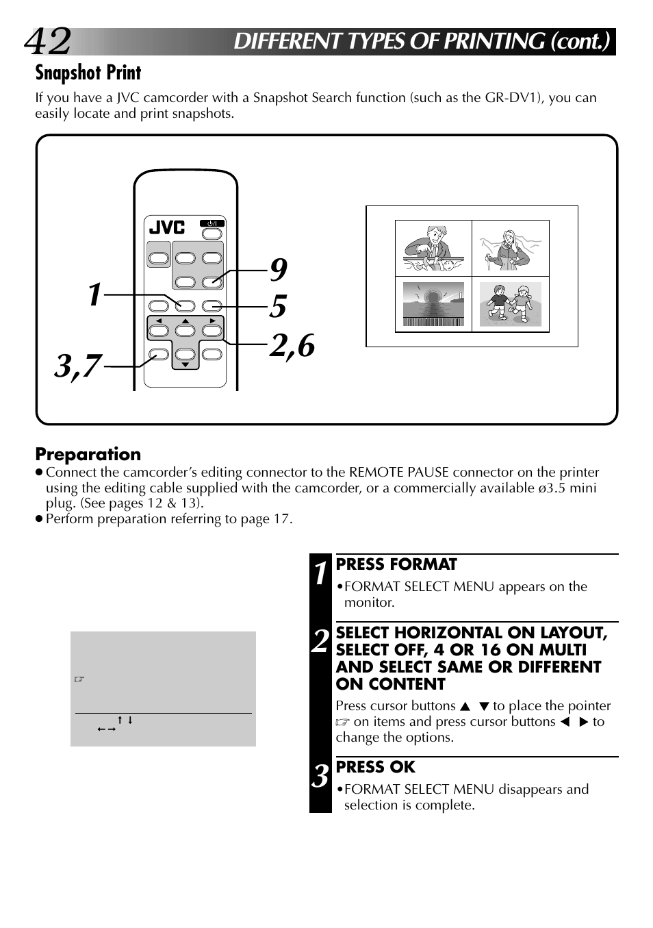 Different types of printing (cont.), Snapshot print | JVC GV-PT2 User Manual | Page 43 / 75