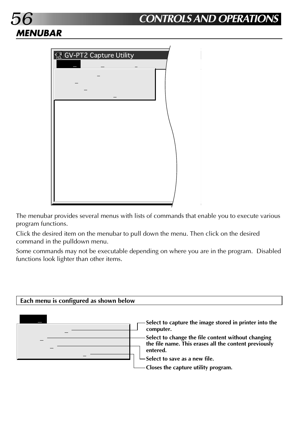 Controls and operations, Menubar | JVC GV-PT2 User Manual | Page 57 / 75