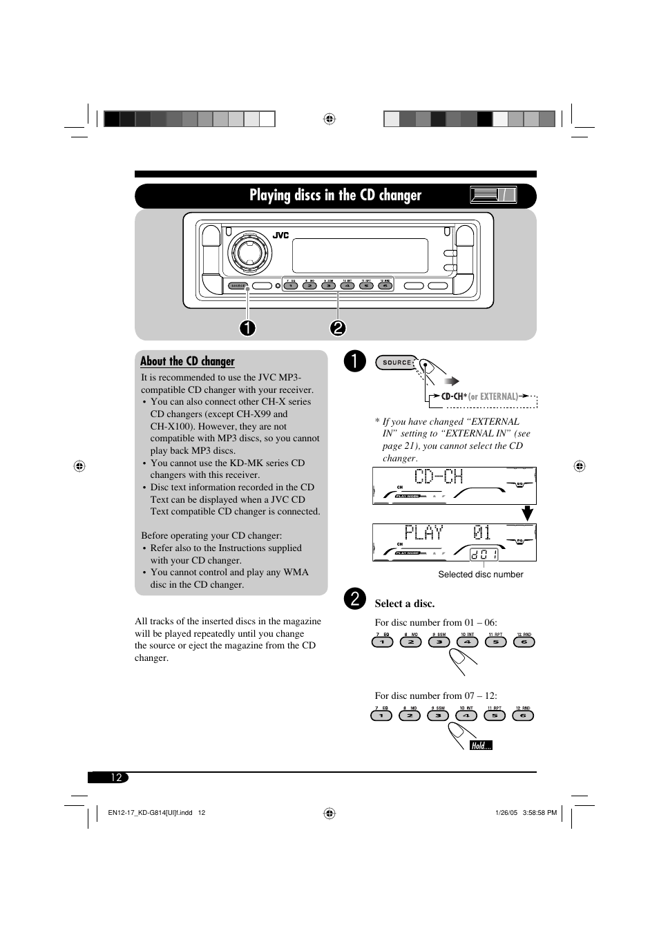 Playing discs in the cd changer | JVC KD-G814 User Manual | Page 12 / 34